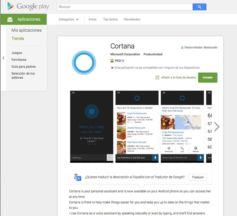 Captura Cortana Google Play